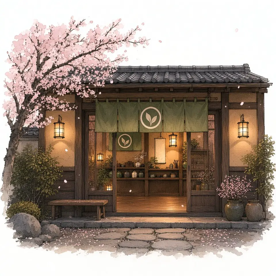 Ink and watercolour sketch of the tea shop front at dusk, doors open under a cherry tree.